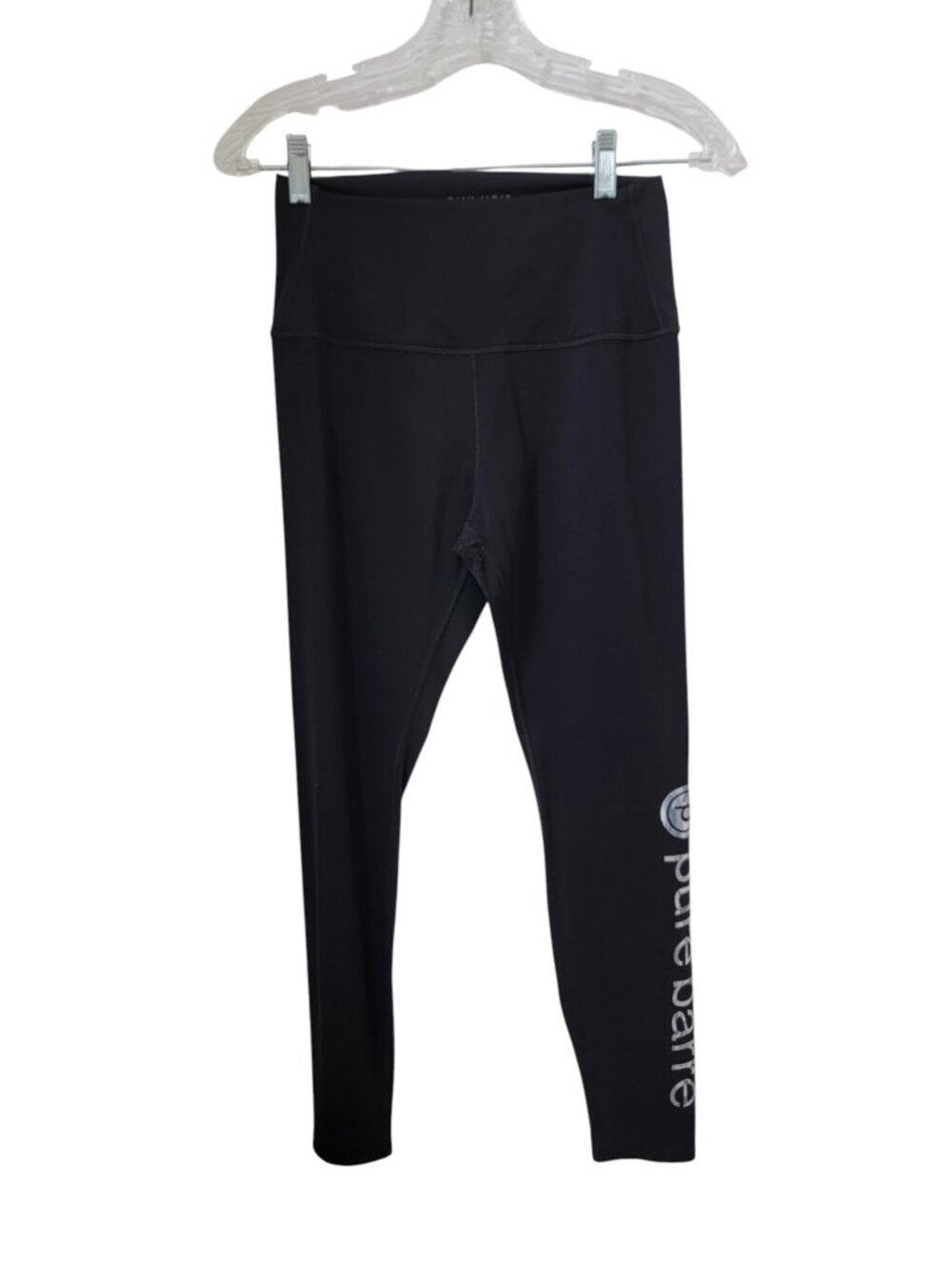 Tavi Noir Size L Black Pure Barre Leggings with Silver Spellout